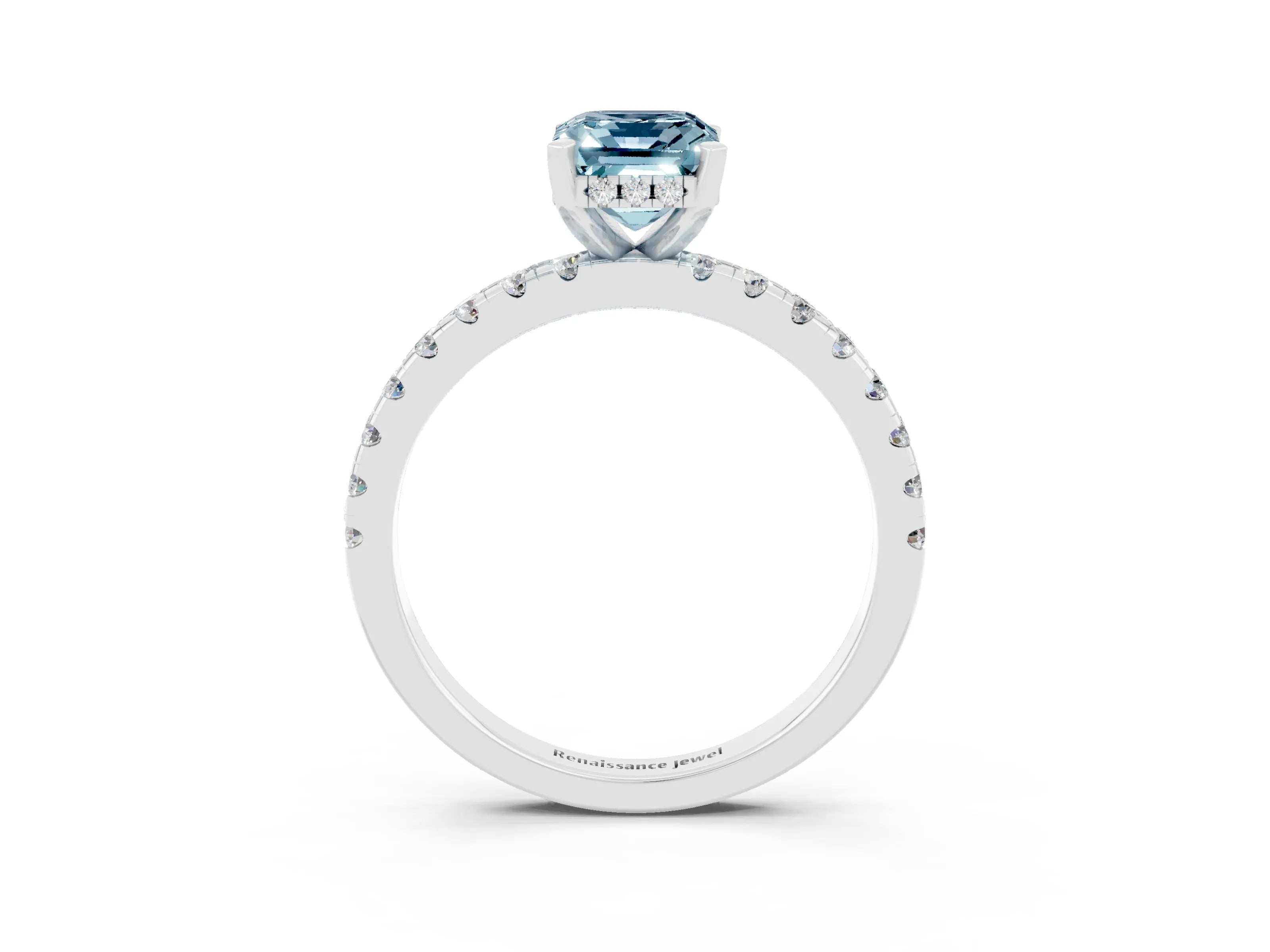 White gold Emerald Cut Aquamarine Solitaire Ring with Pavé Band and Four-Prong Setting_27