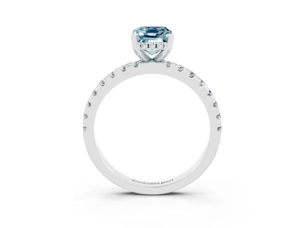 Silver Emerald Cut Aquamarine Solitaire Ring with Round  Pavé Band and Four-Prong Setting