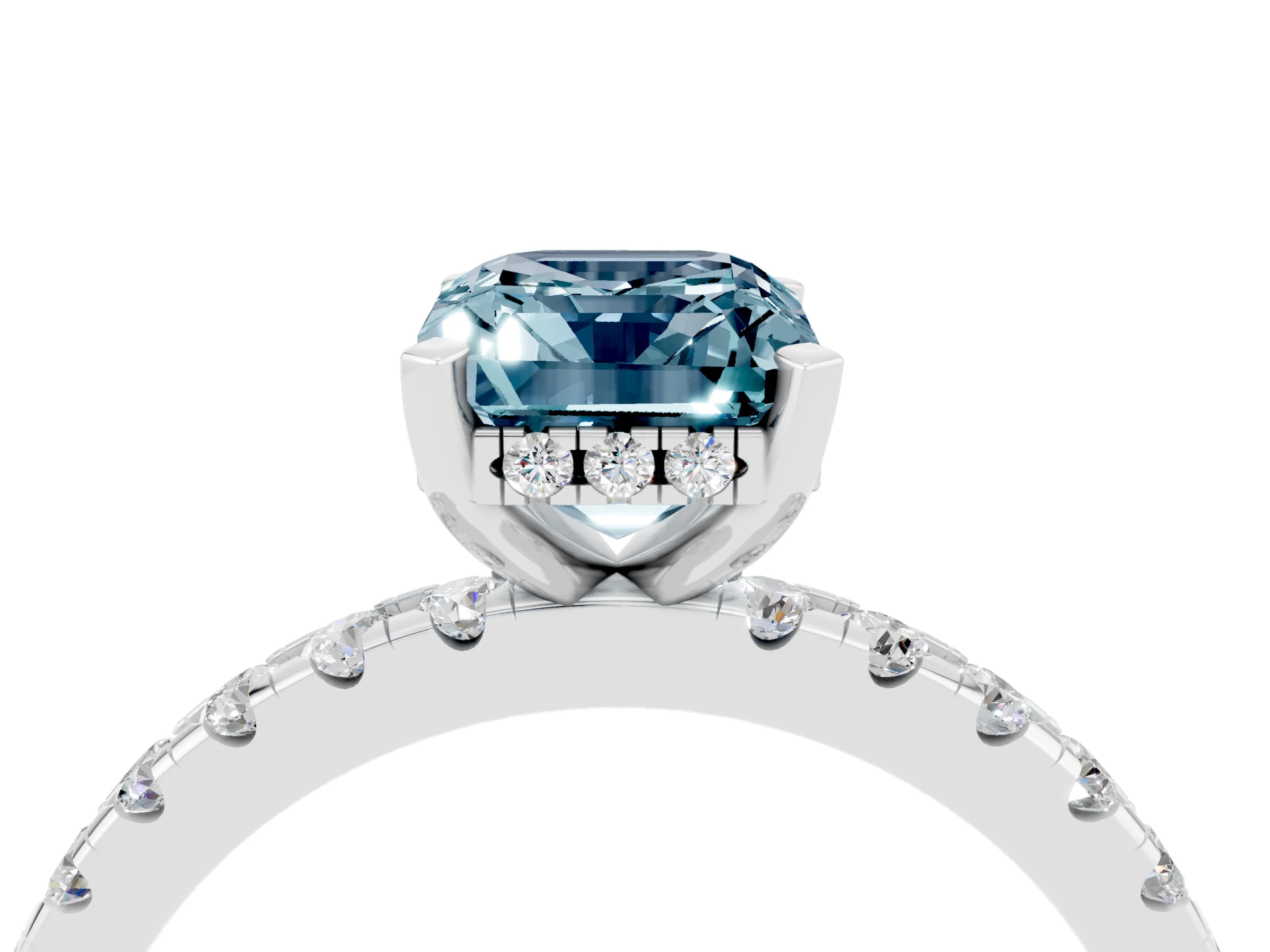 White gold Emerald Cut Aquamarine Solitaire Ring with Pavé Band and Four-Prong Setting_28