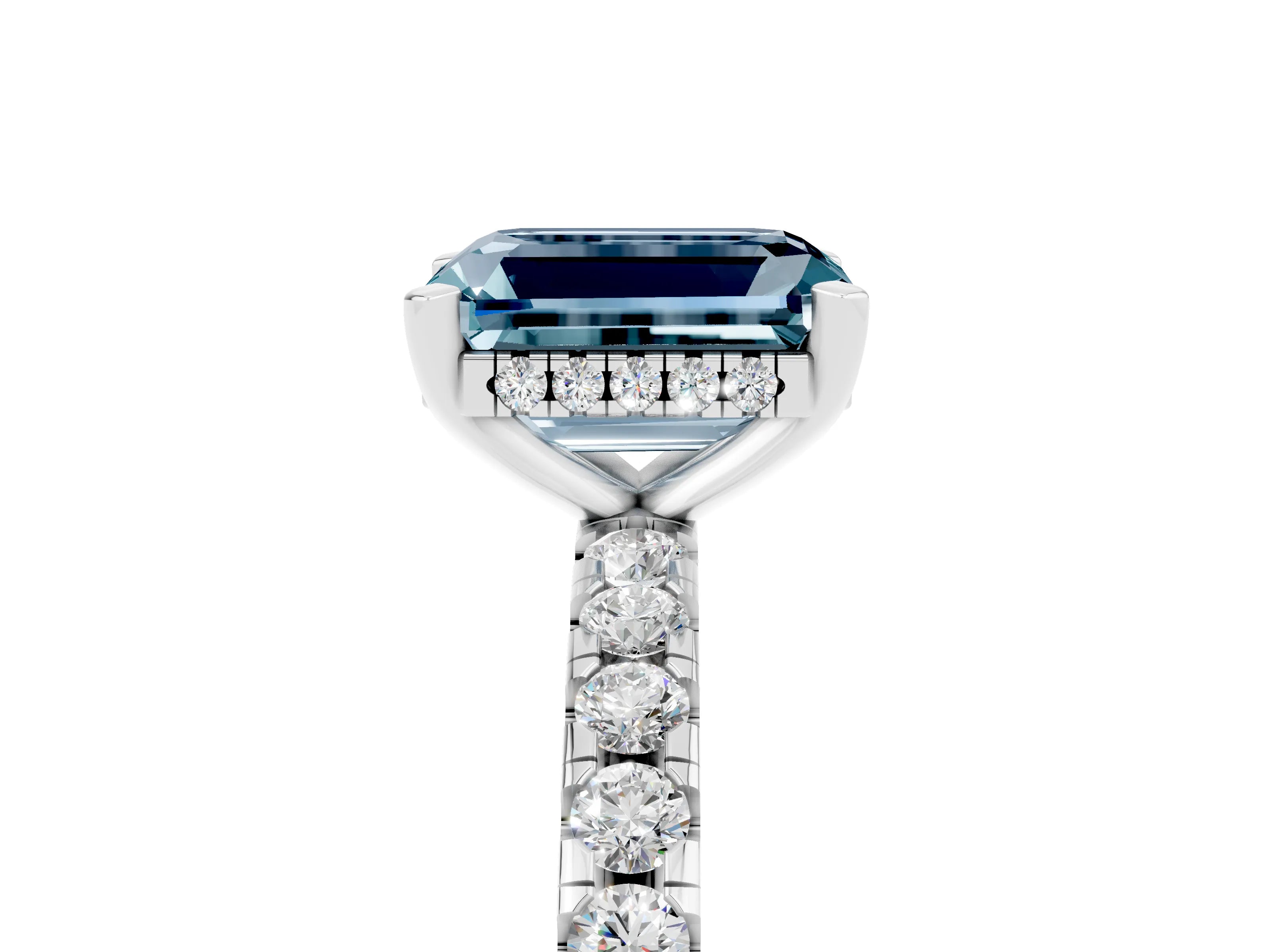 White gold Emerald Cut Aquamarine Solitaire Ring with Pavé Band and Four-Prong Setting_29