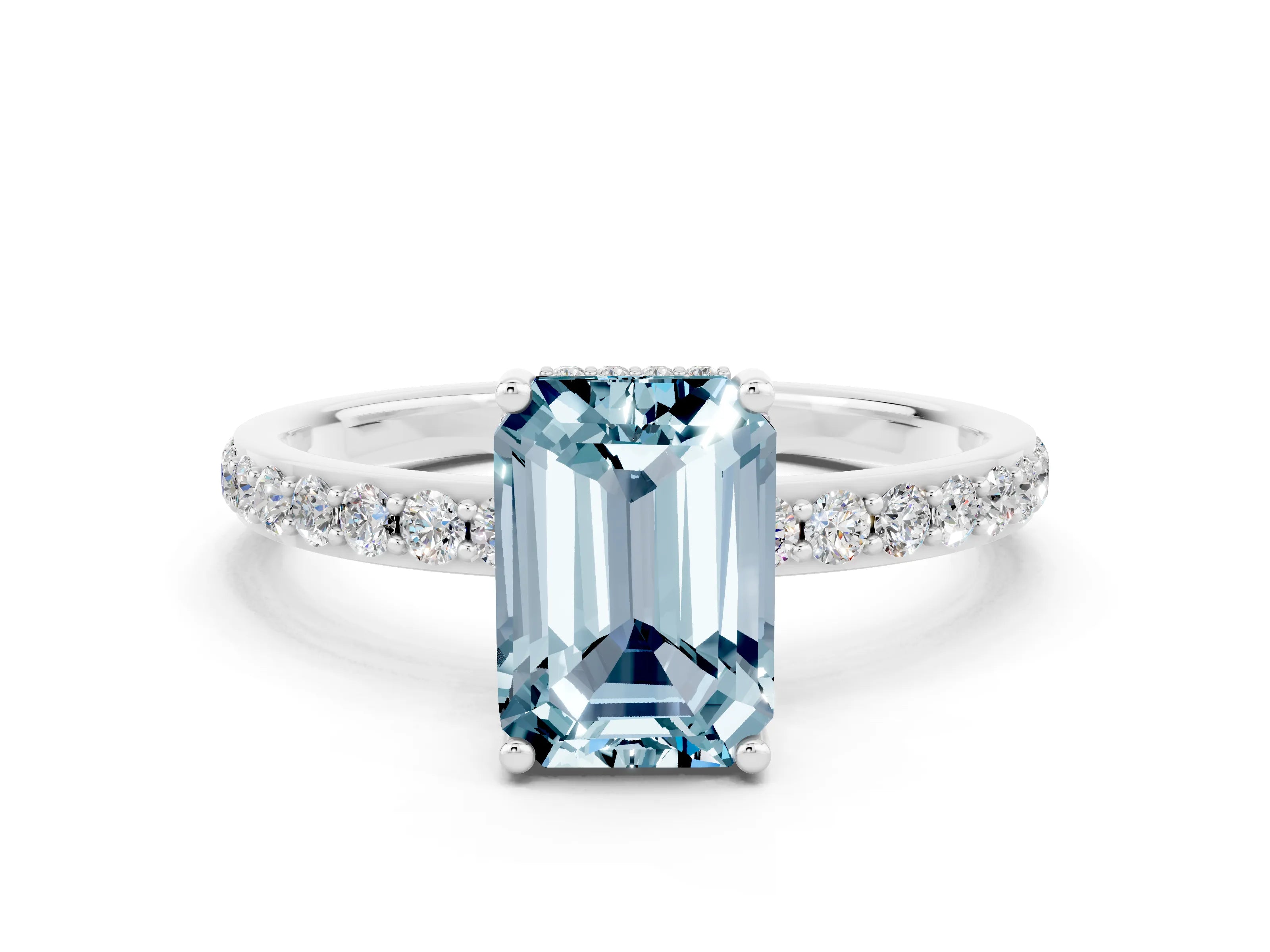 White gold Emerald Cut Aquamarine Solitaire Ring with Pavé Band and Hidden Halo_18