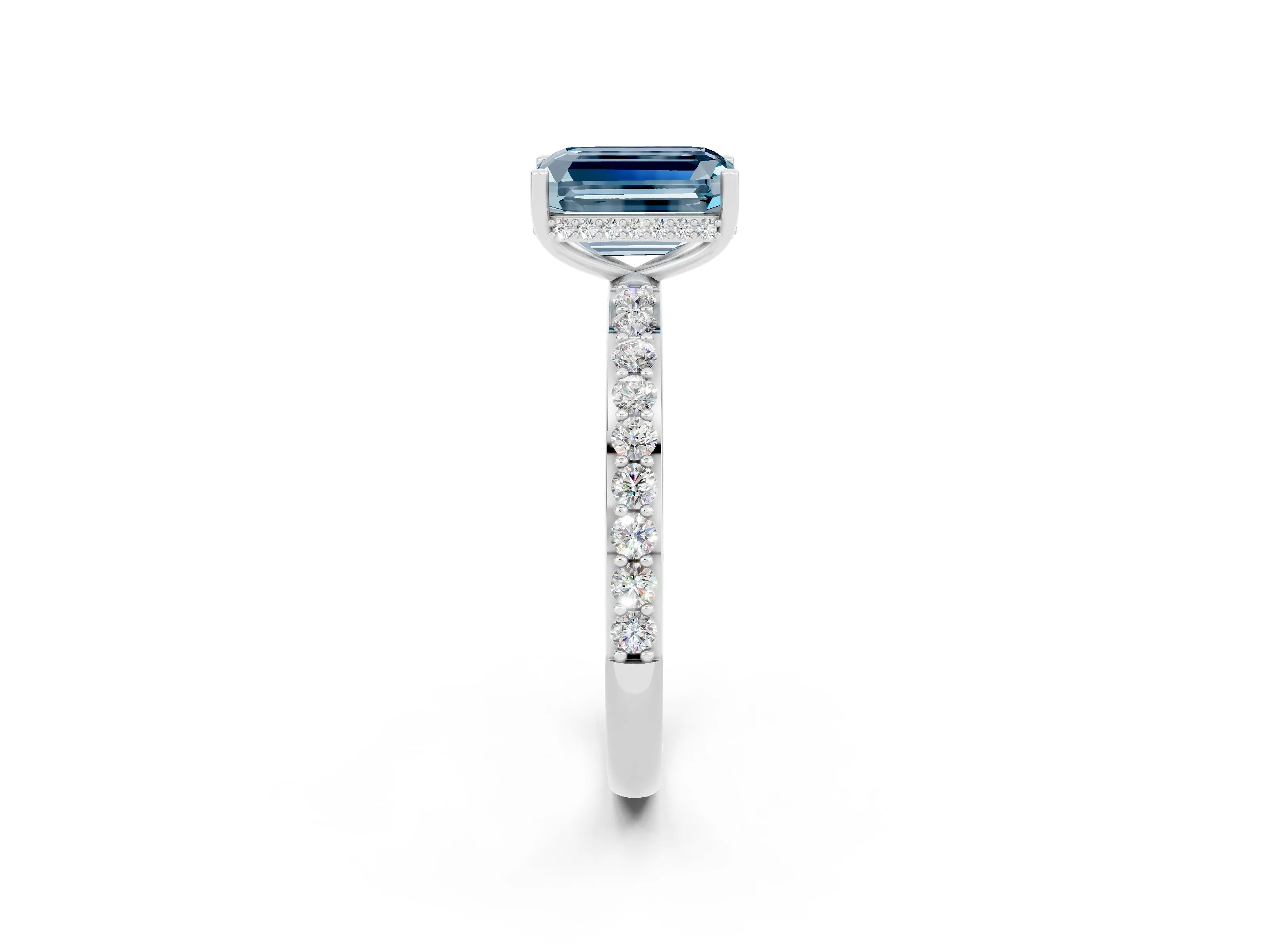 White gold Emerald Cut Aquamarine Solitaire Ring with Pavé Band and Hidden Halo_20