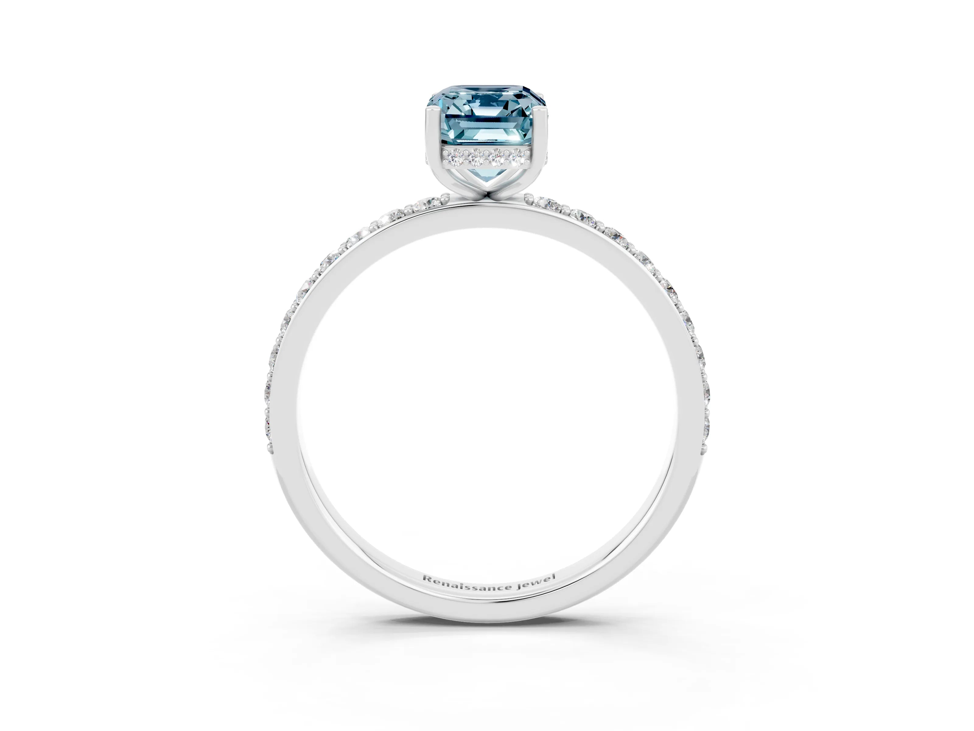 White gold Emerald Cut Aquamarine Solitaire Ring with Pavé Band and Hidden Halo_21