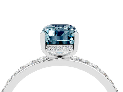 White gold Emerald Cut Aquamarine Solitaire Ring with Pavé Band and Hidden Halo_22