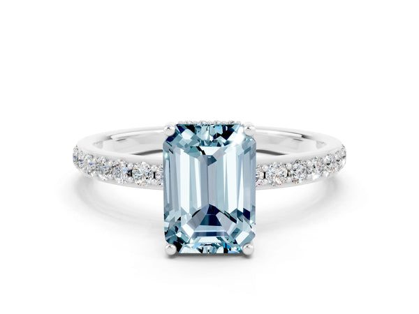 Platinum Emerald Cut Aquamarine Solitaire Ring with Pavé Band and Hidden Halo