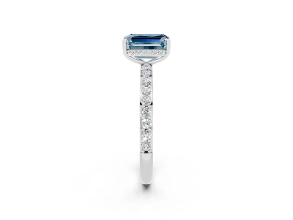 Platinum Emerald Cut Aquamarine Solitaire Ring with Pavé Band and Hidden Halo