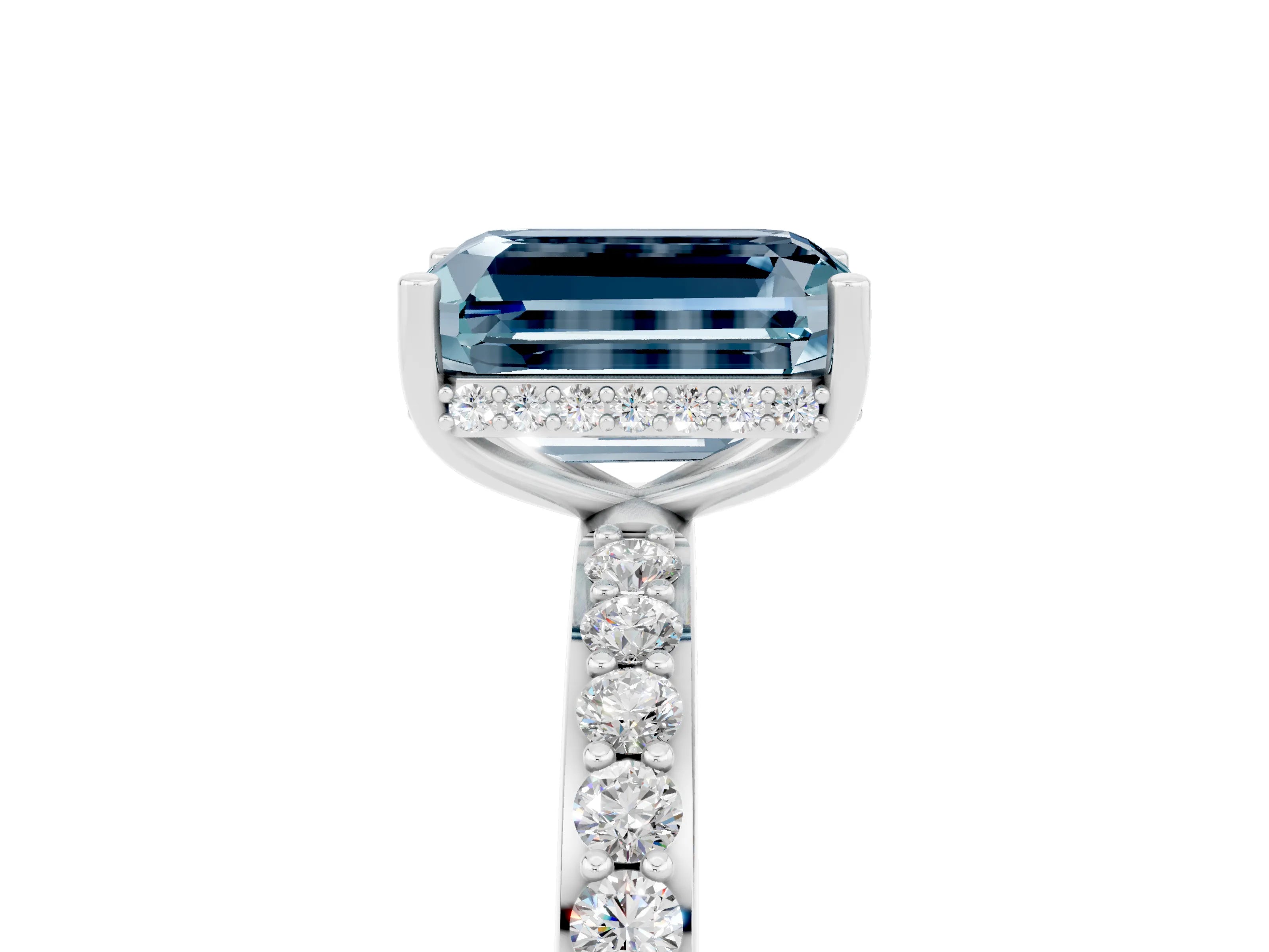 White gold Emerald Cut Aquamarine Solitaire Ring with Pavé Band and Hidden Halo_29