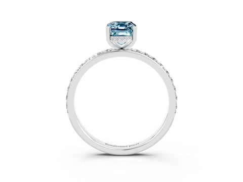White gold Emerald Cut Aquamarine Solitaire Ring with Pavé Band and Hidden Halo_45