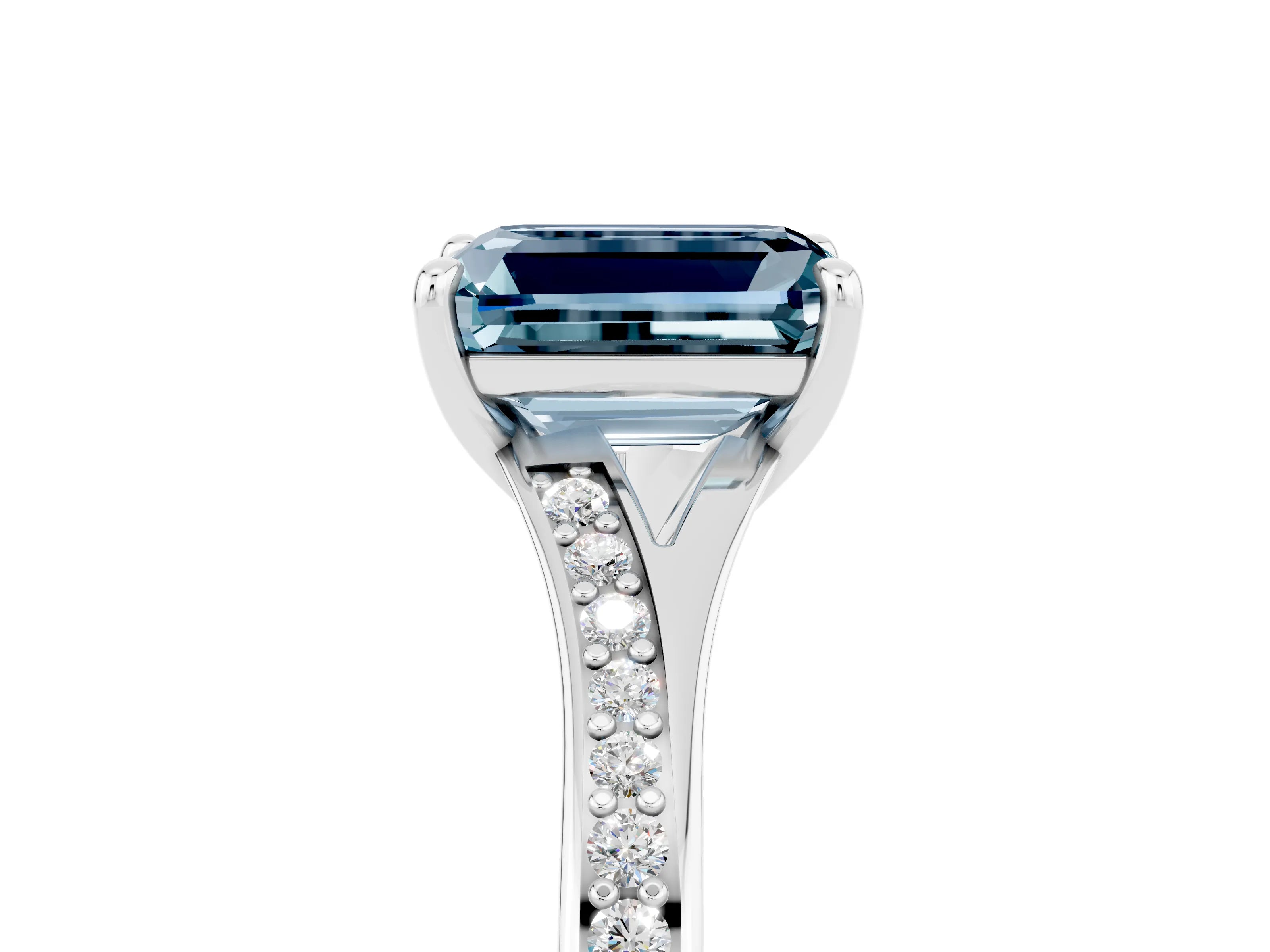 White gold Emerald Cut Aquamarine Solitaire Ring with Pavé Band and Prong Setting_29