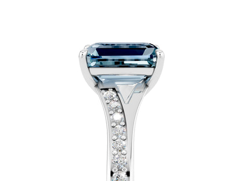 White gold Emerald Cut Aquamarine Solitaire Ring with Pavé Band and Prong Setting_29