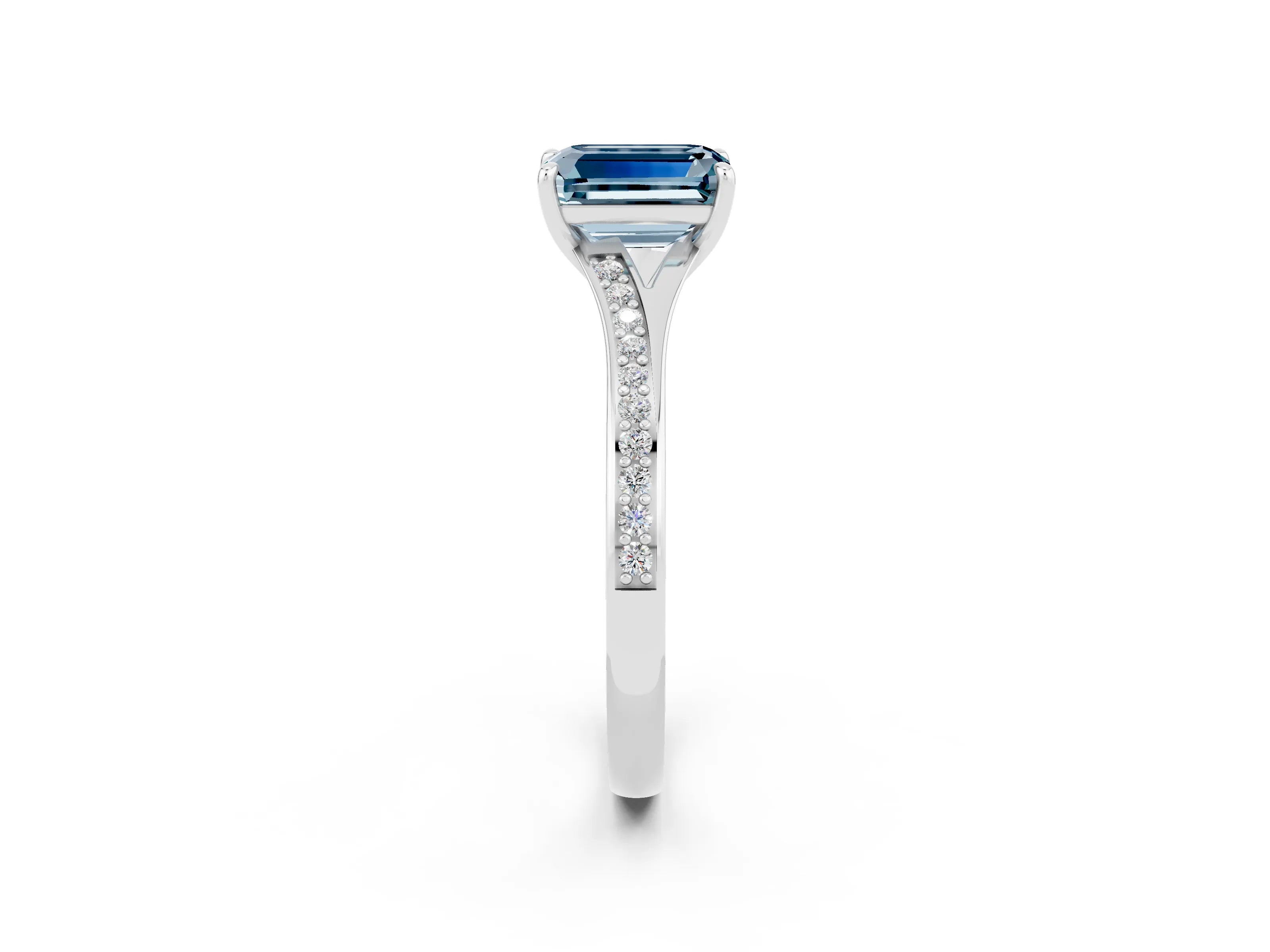 White gold Emerald Cut Aquamarine Solitaire Ring with Pavé Band and Prong Setting_2