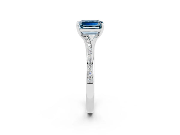 Silver Emerald Cut Aquamarine Solitaire Ring with Pavé Band and Prong Setting
