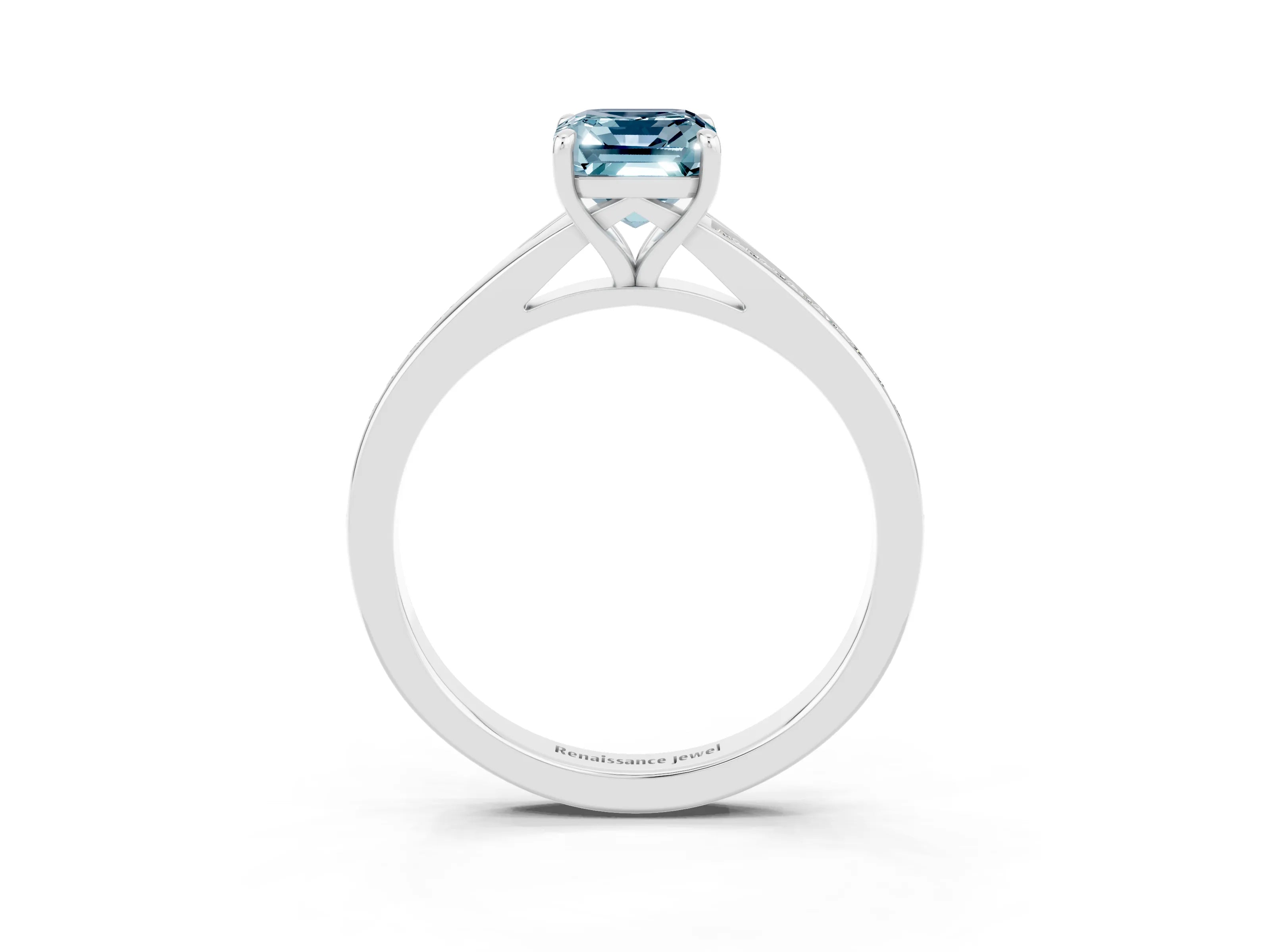 White gold Emerald Cut Aquamarine Solitaire Ring with Pavé Band and Prong Setting_3