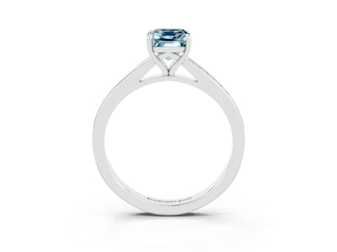 White gold Emerald Cut Aquamarine Solitaire Ring with Pavé Band and Prong Setting_3