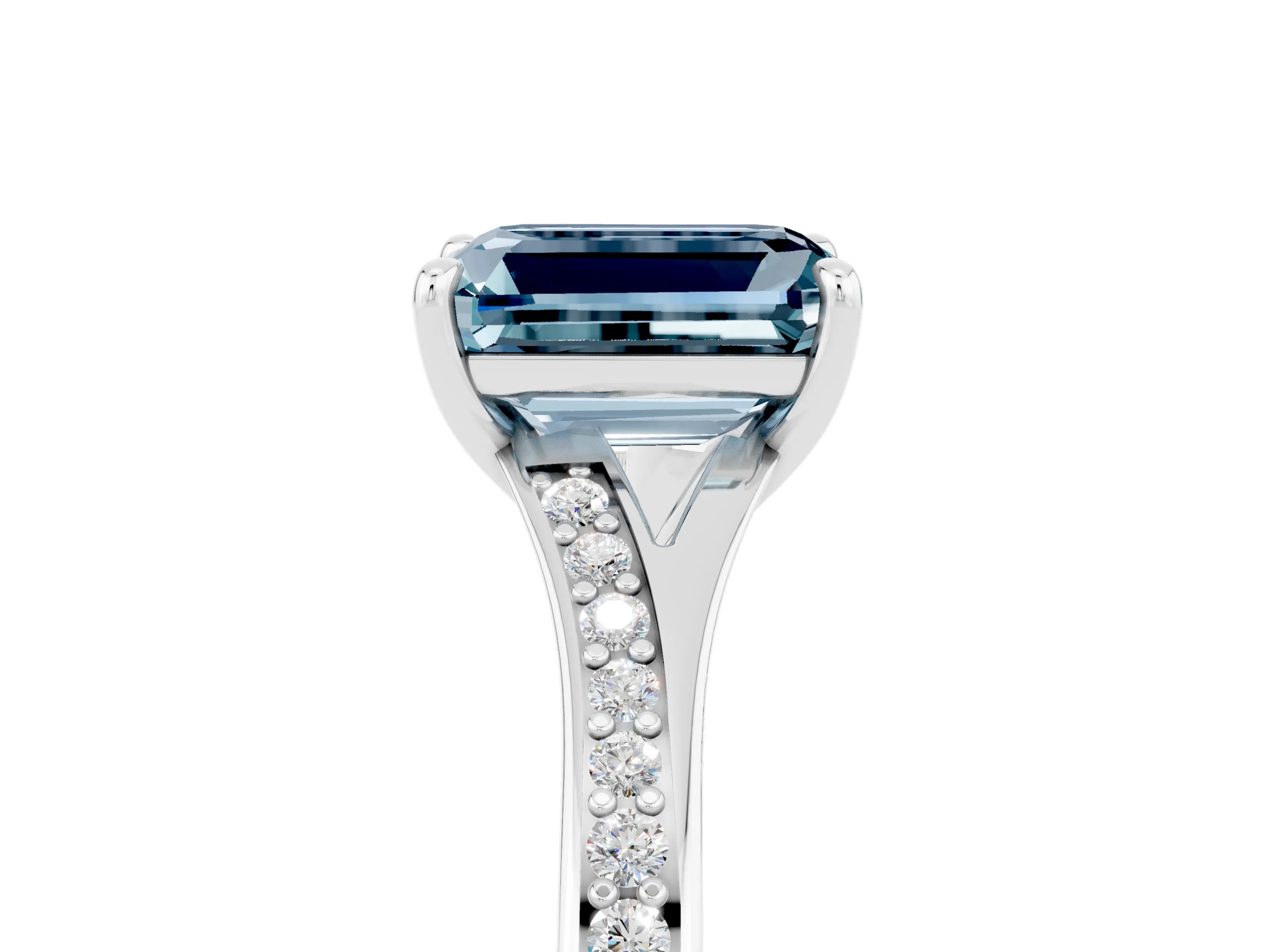 White gold Emerald Cut Aquamarine Solitaire Ring with Pavé Band and Prong Setting_5