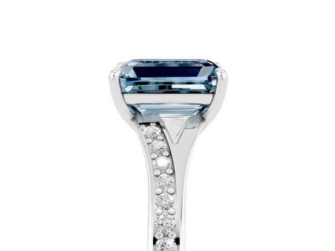 White gold Emerald Cut Aquamarine Solitaire Ring with Pavé Band and Prong Setting_5