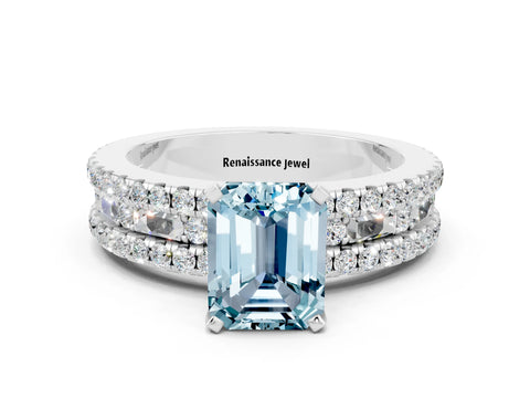 White gold Emerald Cut Aquamarine Solitaire Ring with Pavé and Channel Set Band_12