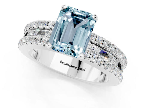 White gold Emerald Cut Aquamarine Solitaire Ring with Pavé and Channel Set Band_13