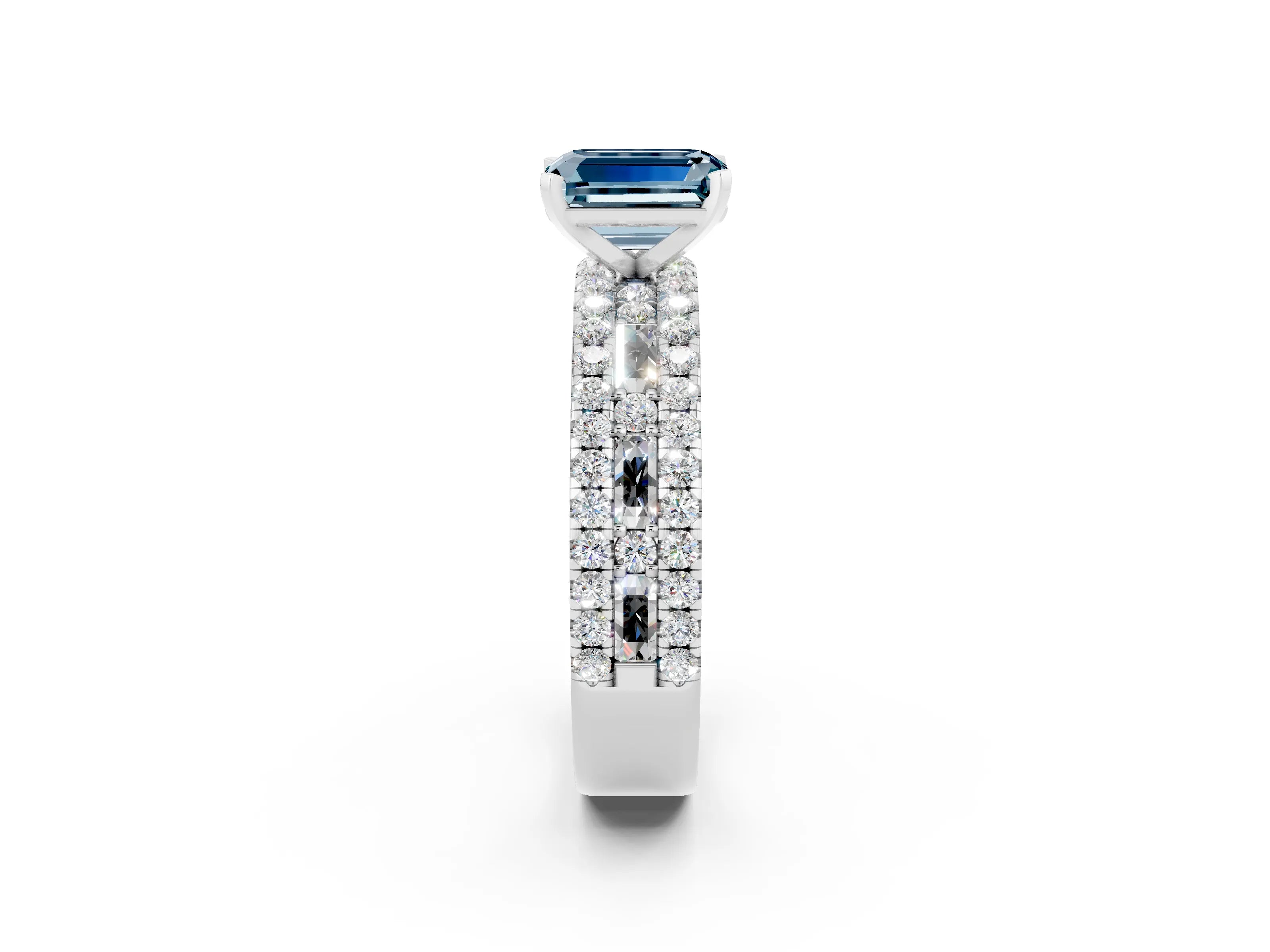 White gold Emerald Cut Aquamarine Solitaire Ring with Pavé and Channel Set Band_14