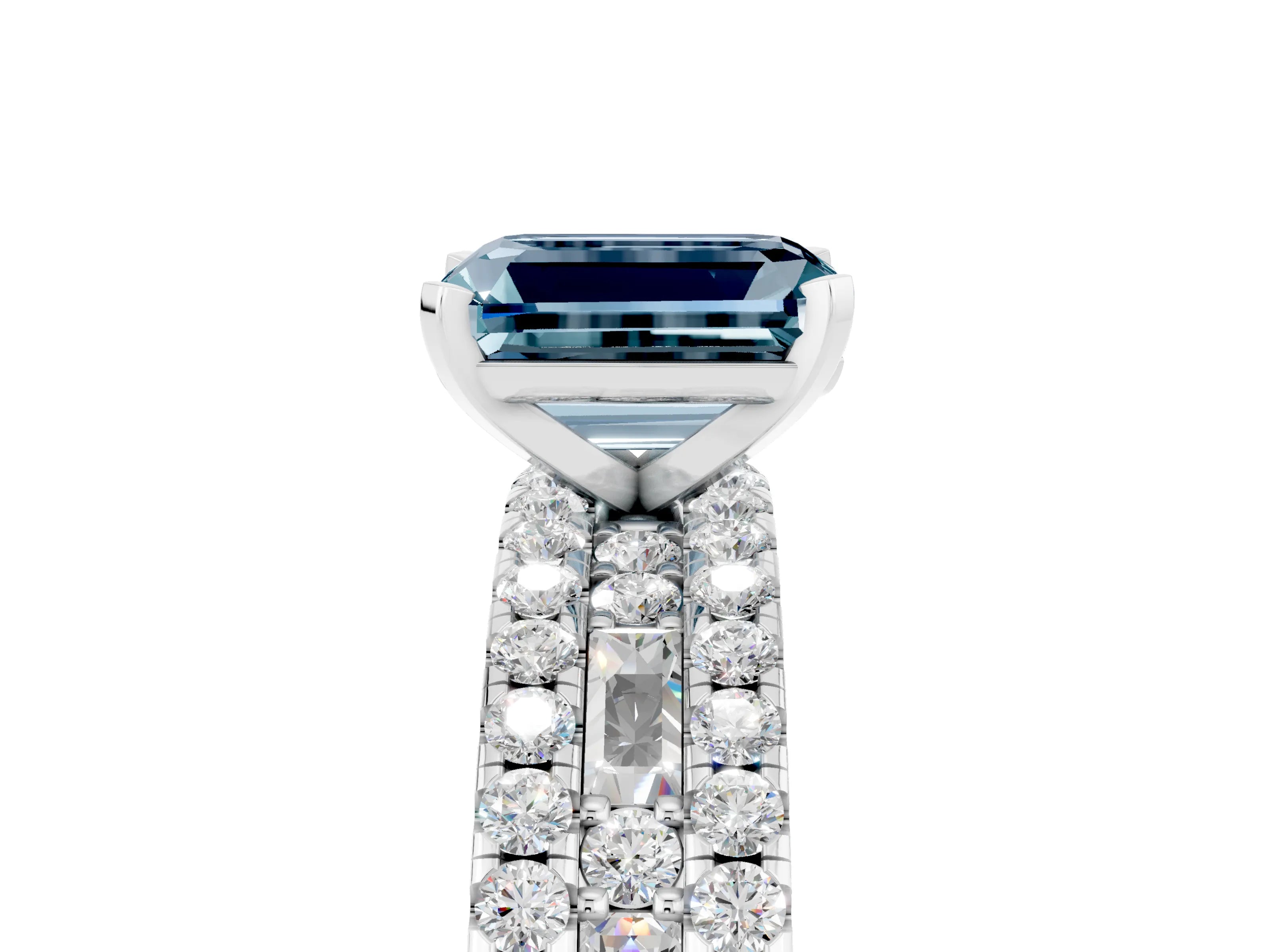 White gold Emerald Cut Aquamarine Solitaire Ring with Pavé and Channel Set Band_15