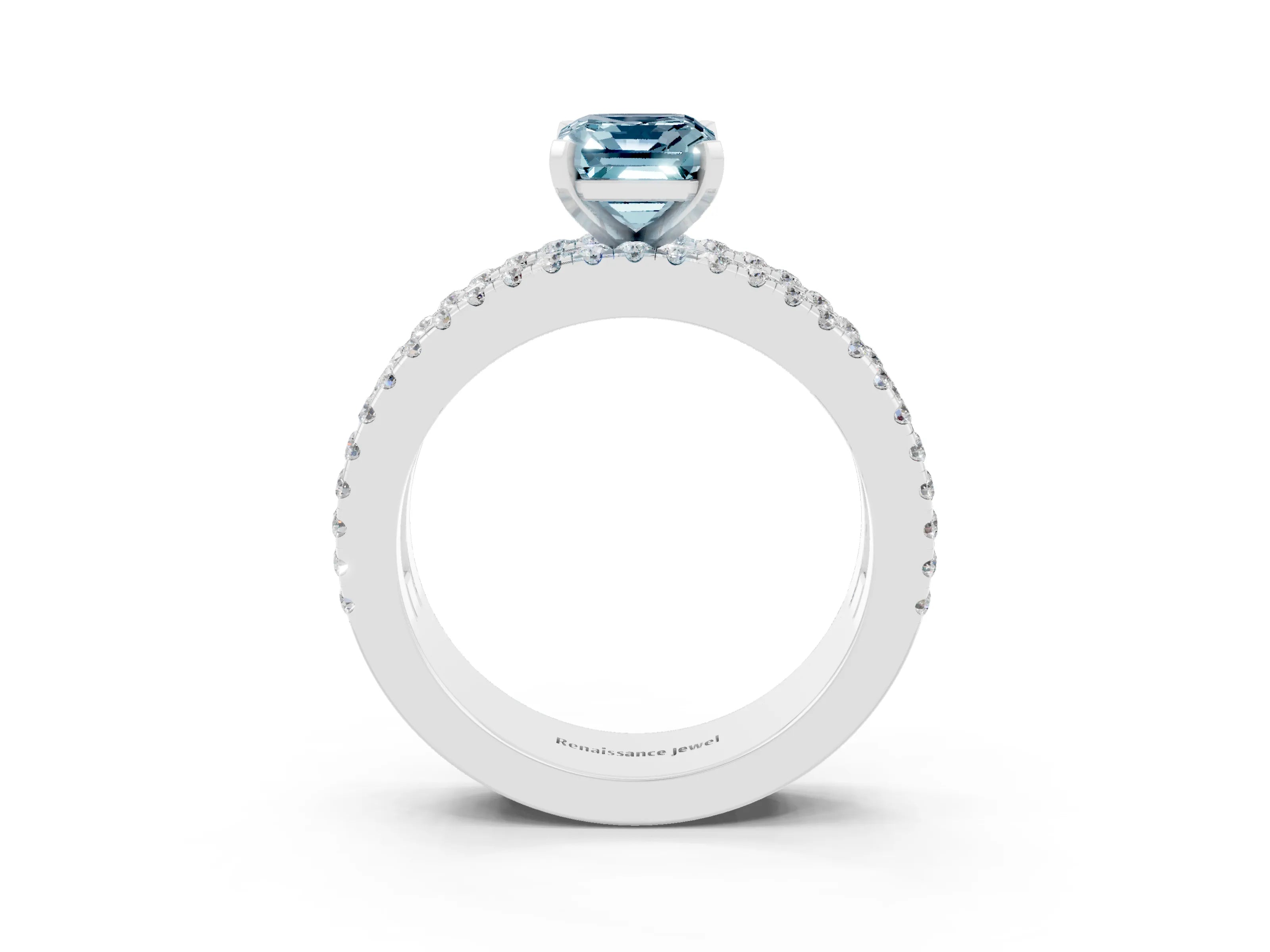 White gold Emerald Cut Aquamarine Solitaire Ring with Pavé and Channel Set Band_15