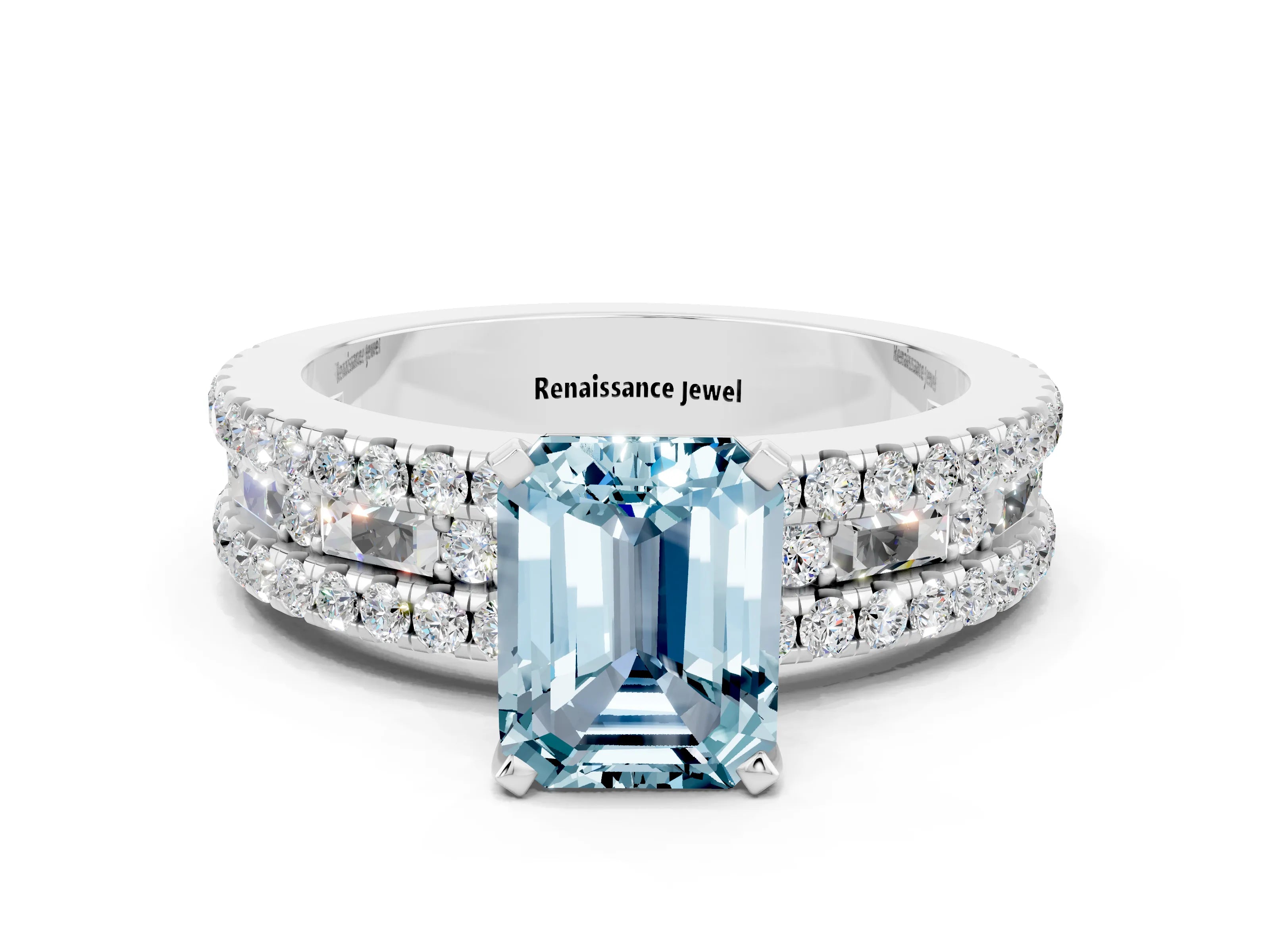 White gold Emerald Cut Aquamarine Solitaire Ring with Pavé and Channel Set Band_24