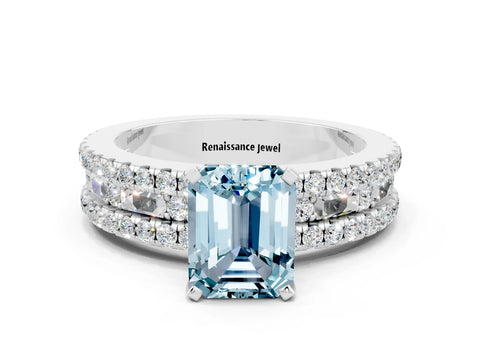 White gold Emerald Cut Aquamarine Solitaire Ring with Pavé and Channel Set Band_24