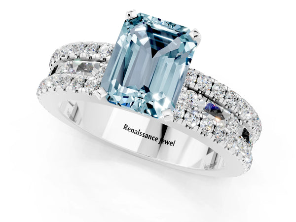 Platinum Emerald Cut Aquamarine Solitaire Ring with Pavé and Channel Set Band