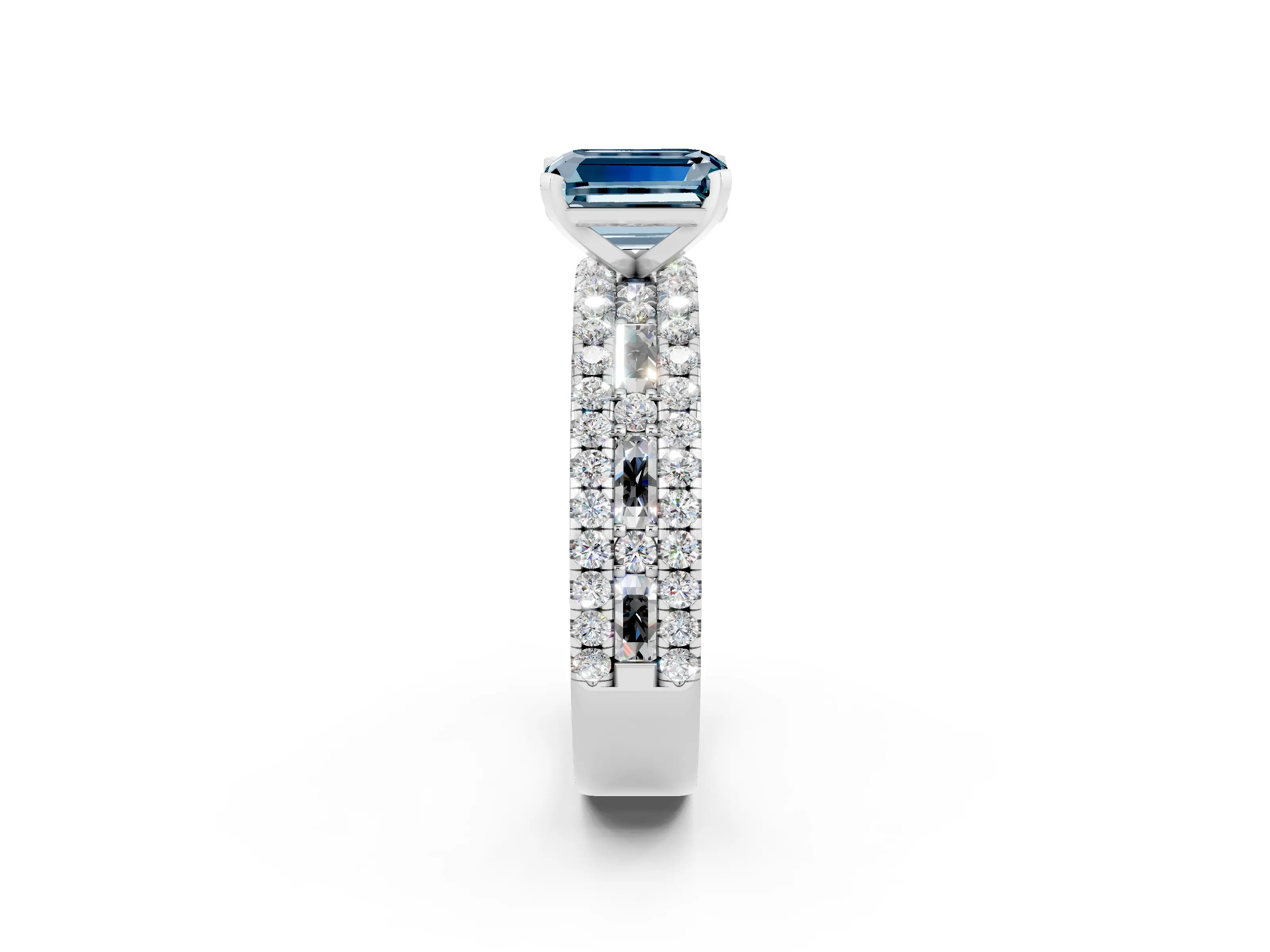 White gold Emerald Cut Aquamarine Solitaire Ring with Pavé and Channel Set Band_26