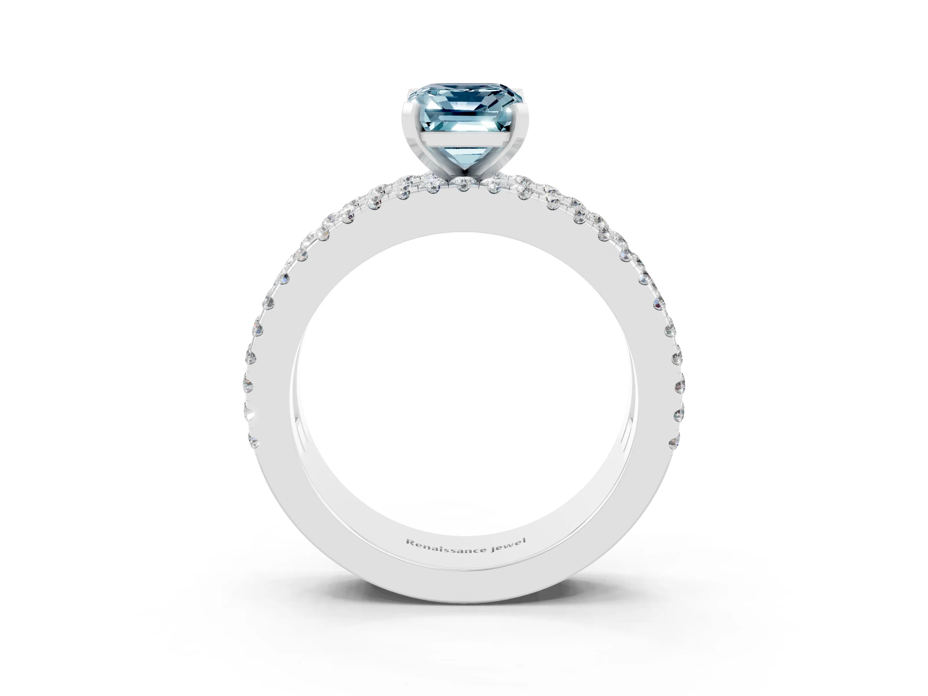 White gold Emerald Cut Aquamarine Solitaire Ring with Pavé and Channel Set Band_3