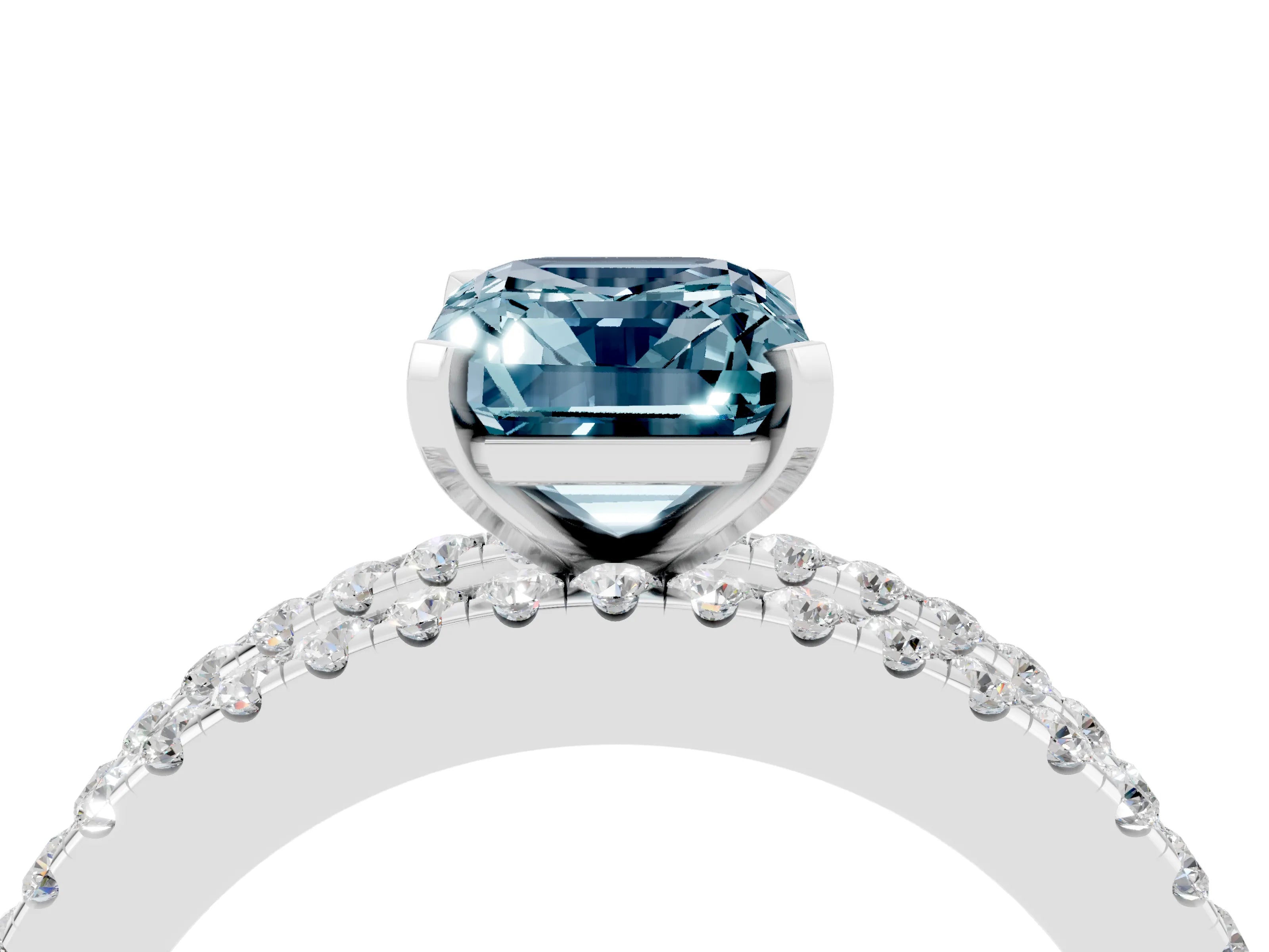 White gold Emerald Cut Aquamarine Solitaire Ring with Pavé and Channel Set Band_4