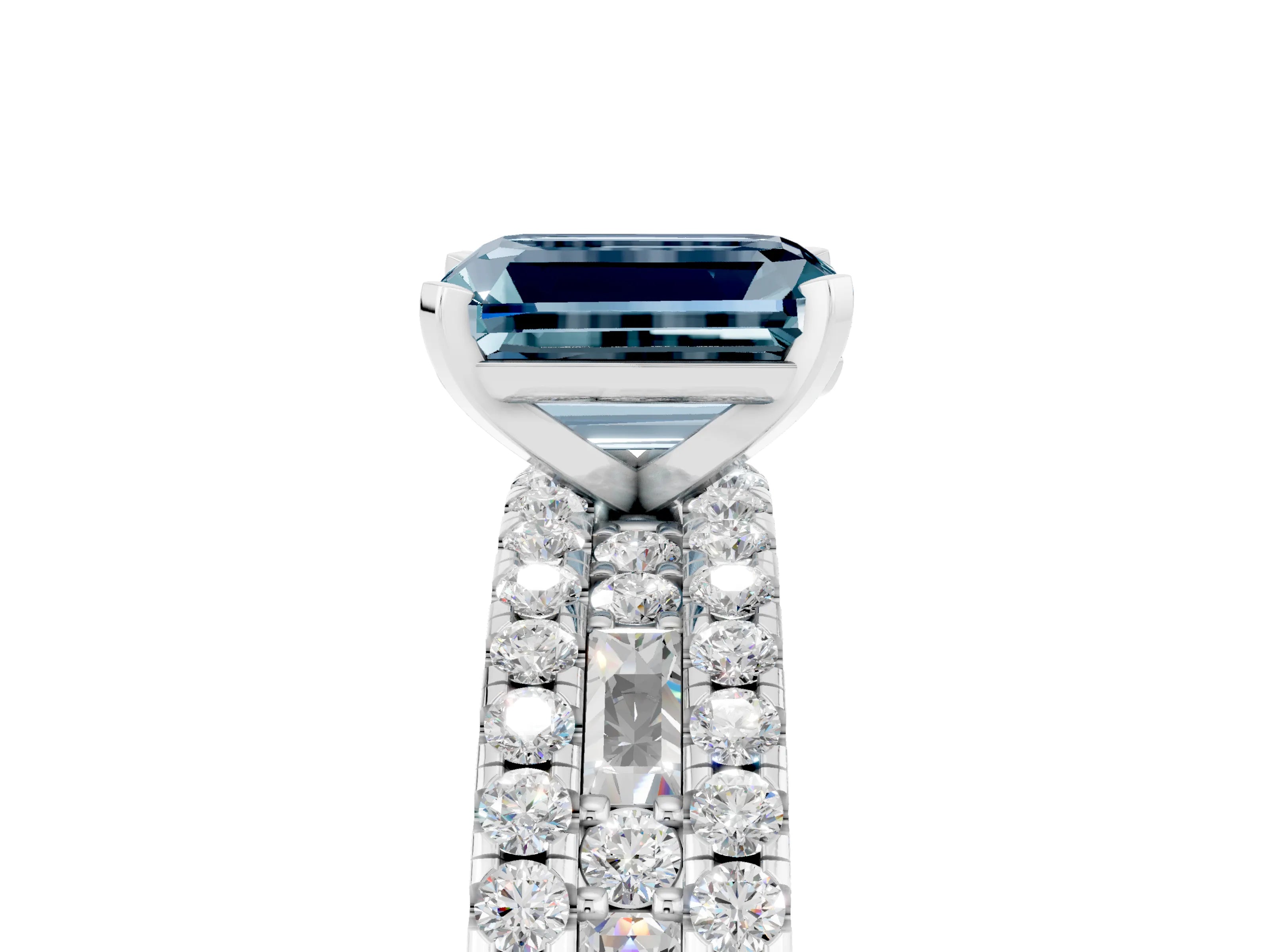 White gold Emerald Cut Aquamarine Solitaire Ring with Pavé and Channel Set Band_5