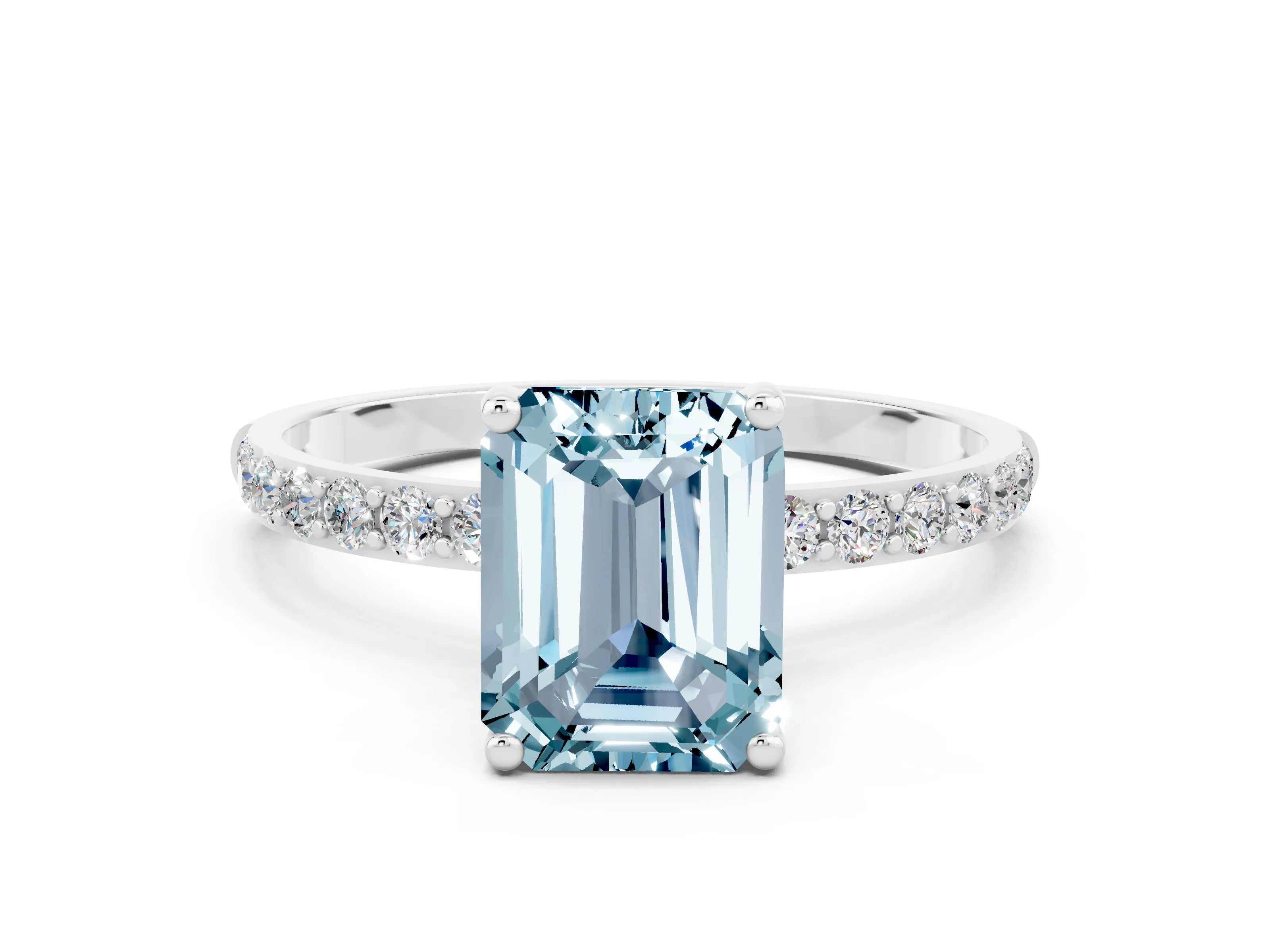 White gold Emerald Cut Aquamarine Solitaire Ring with Pave Band and Four Prong Setting_12