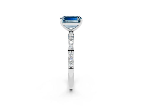White gold Emerald Cut Aquamarine Solitaire Ring with Pave Band and Four Prong Setting_14