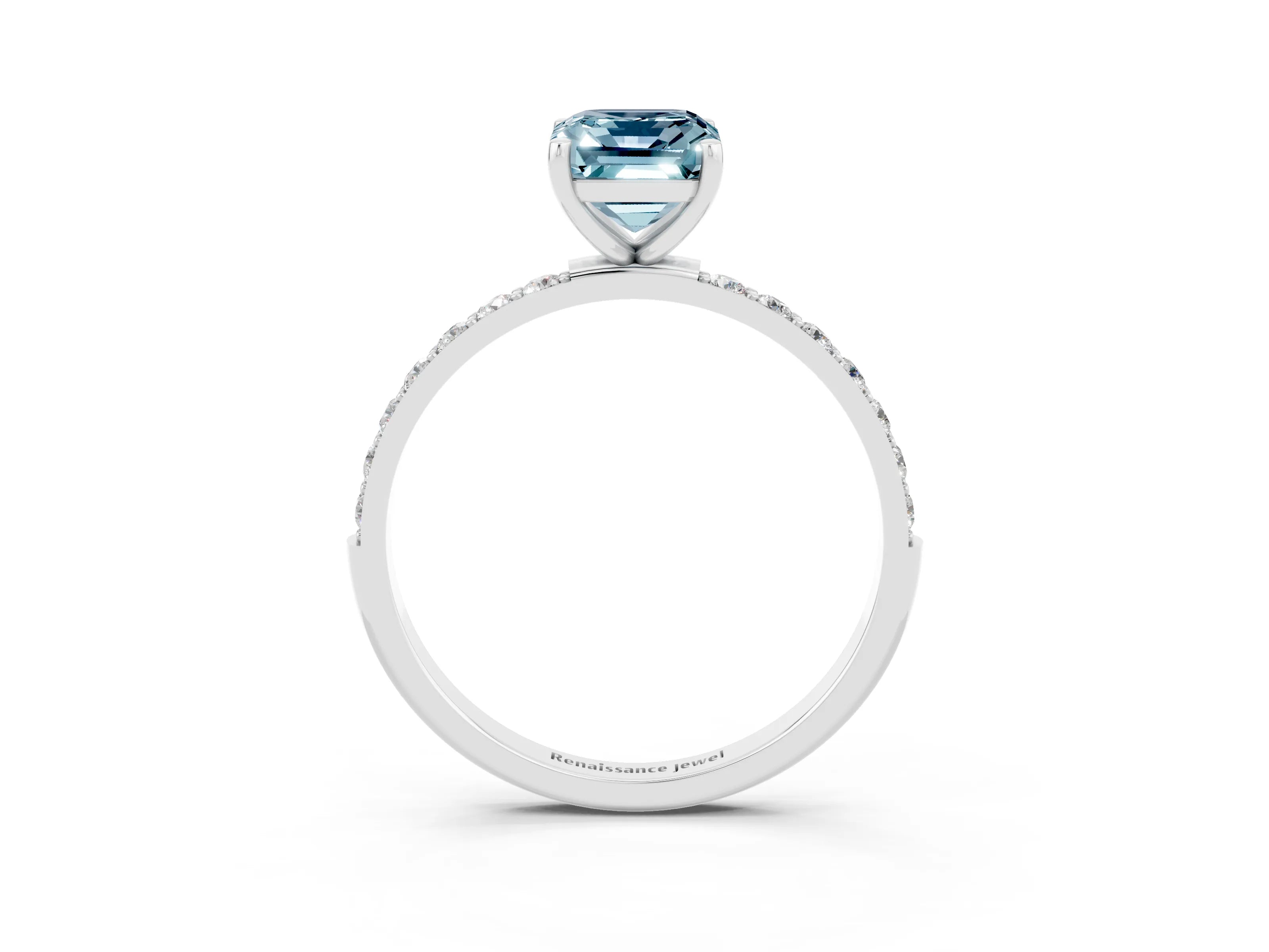 White gold Emerald Cut Aquamarine Solitaire Ring with Pave Band and Four Prong Setting_15