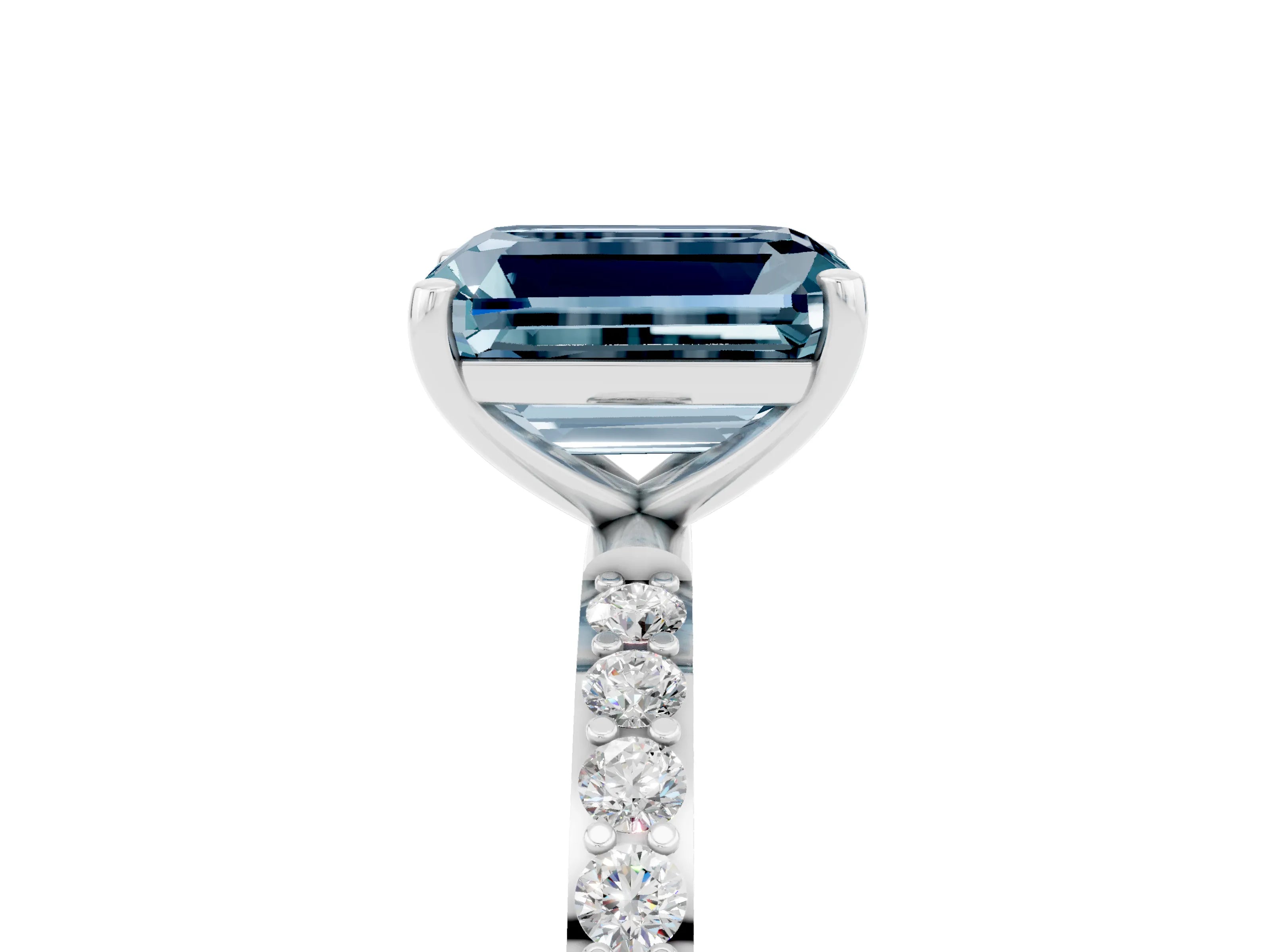 White gold Emerald Cut Aquamarine Solitaire Ring with Pave Band and Four Prong Setting_17