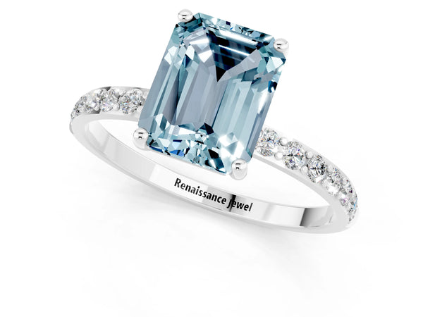 White gold Emerald Cut Aquamarine Solitaire Ring with Round  Pavé Band and Prong Setting