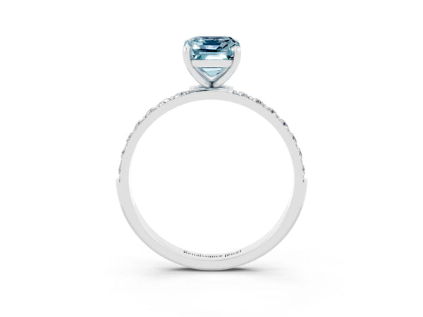 White gold Emerald Cut Aquamarine Solitaire Ring with Round  Pavé Band and Prong Setting