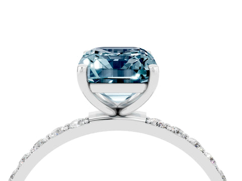 White gold Emerald Cut Aquamarine Solitaire Ring with Pave Band and Four Prong Setting_28