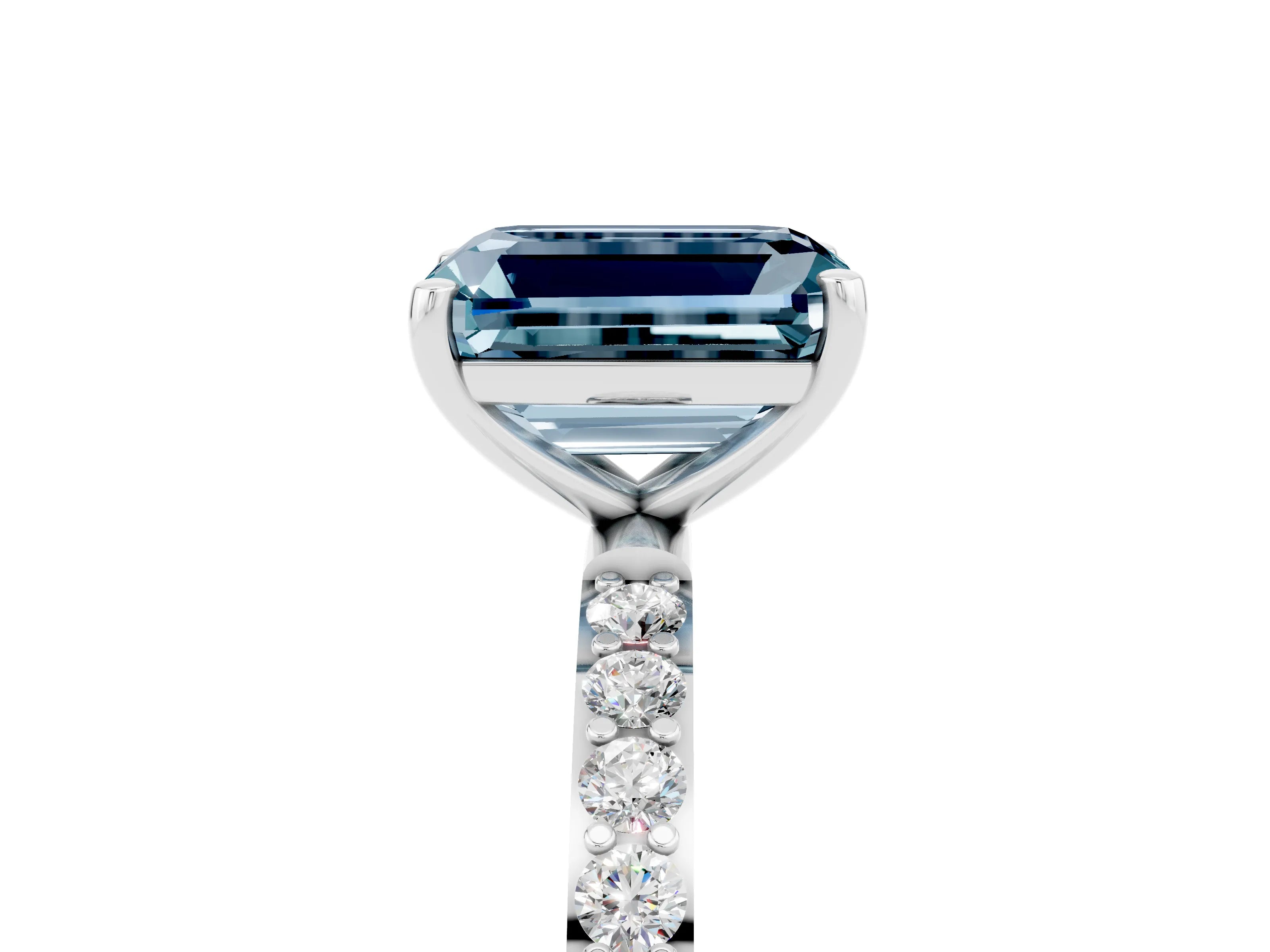White gold Emerald Cut Aquamarine Solitaire Ring with Pave Band and Four Prong Setting_29
