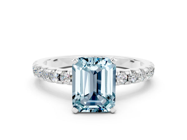 White gold Emerald Cut Aquamarine Solitaire Ring with Round  Pavé Band and Four-Prong Setting