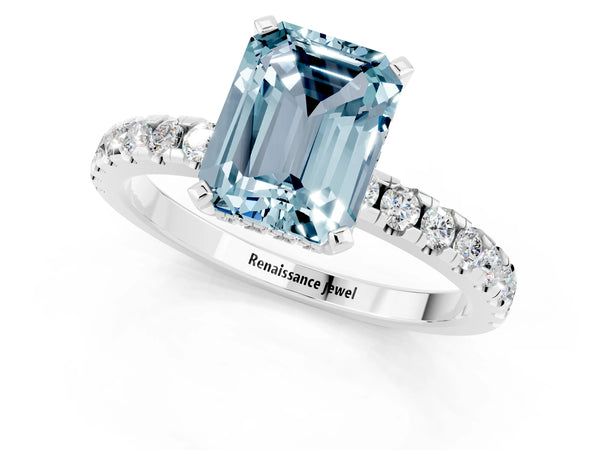 White gold Emerald Cut Aquamarine Solitaire Ring with Round  Pavé Band and Four-Prong Setting