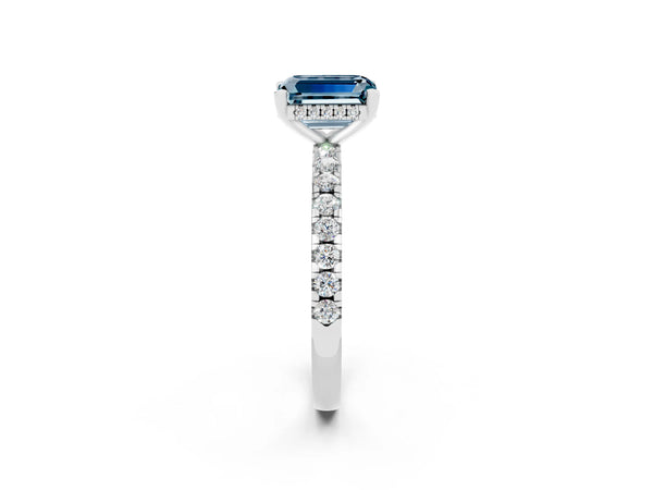 White gold Emerald Cut Aquamarine Solitaire Ring with Round  Pavé Band and Four-Prong Setting