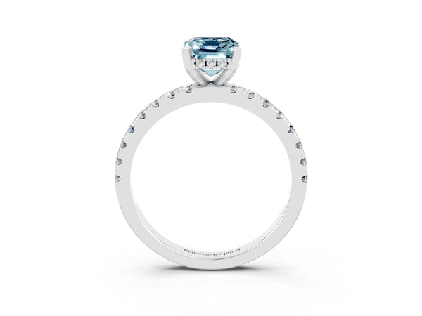 White gold Emerald Cut Aquamarine Solitaire Ring with Round  Pavé Band and Four-Prong Setting