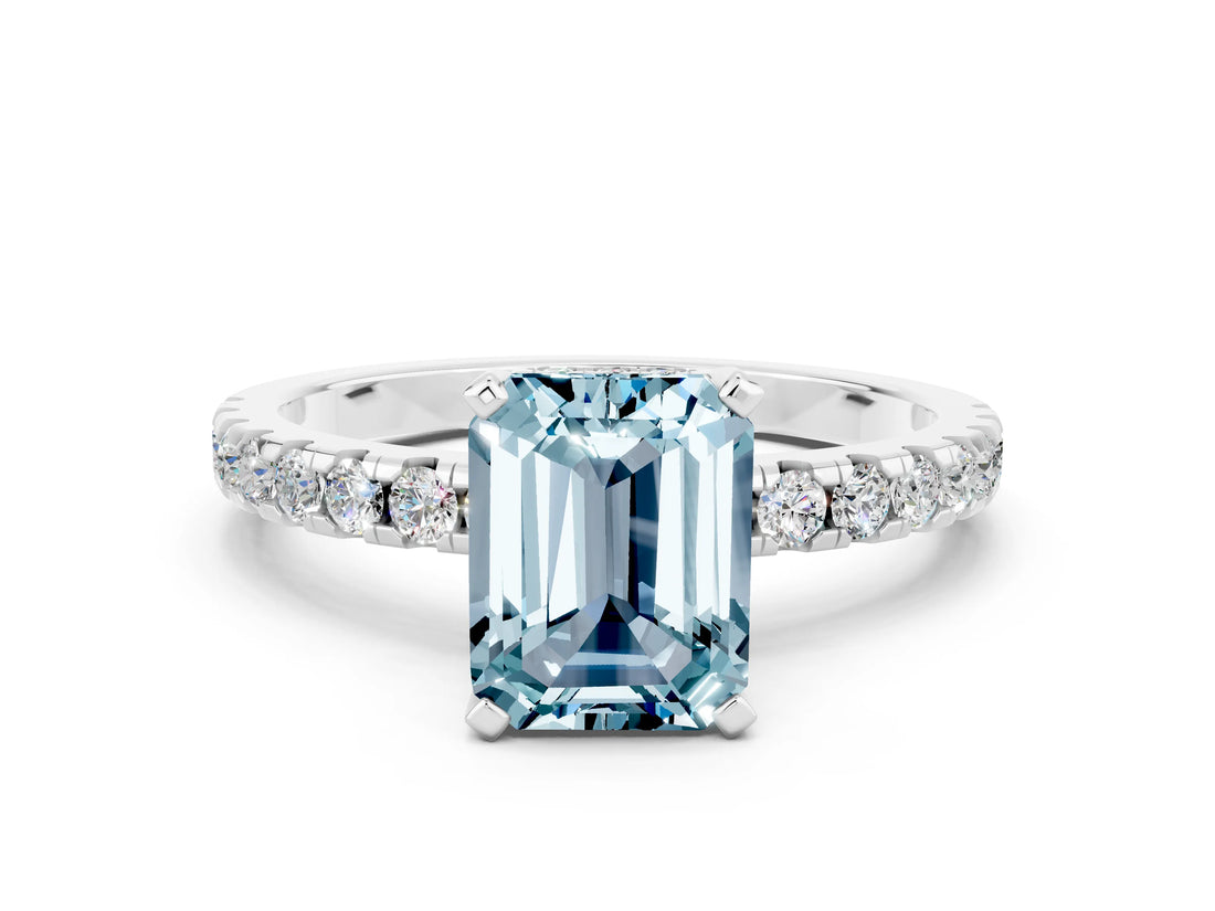14K White Gold Aquamarine Solitaire Ring with Round Pavé Band and Four-Prong Setting