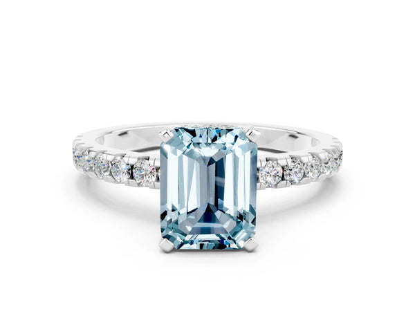 14K White Gold Aquamarine Solitaire Ring with Round Pavé Band and Four-Prong Setting