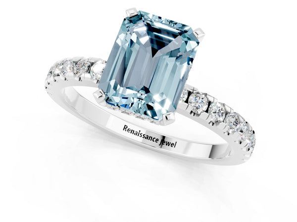 14K White Gold Aquamarine Solitaire Ring with Round Pavé Band and Four-Prong Setting