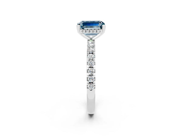 14K White Gold Aquamarine Solitaire Ring with Round Pavé Band and Four-Prong Setting