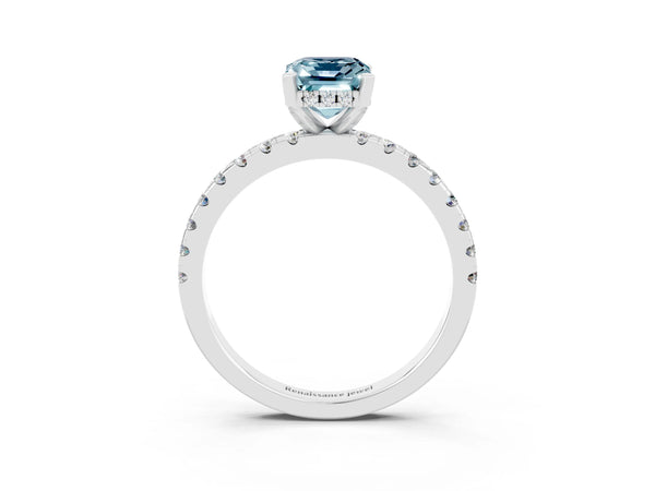 White gold Emerald Cut Aquamarine Solitaire Ring with Round Pavé Band and Four-Prong Setting