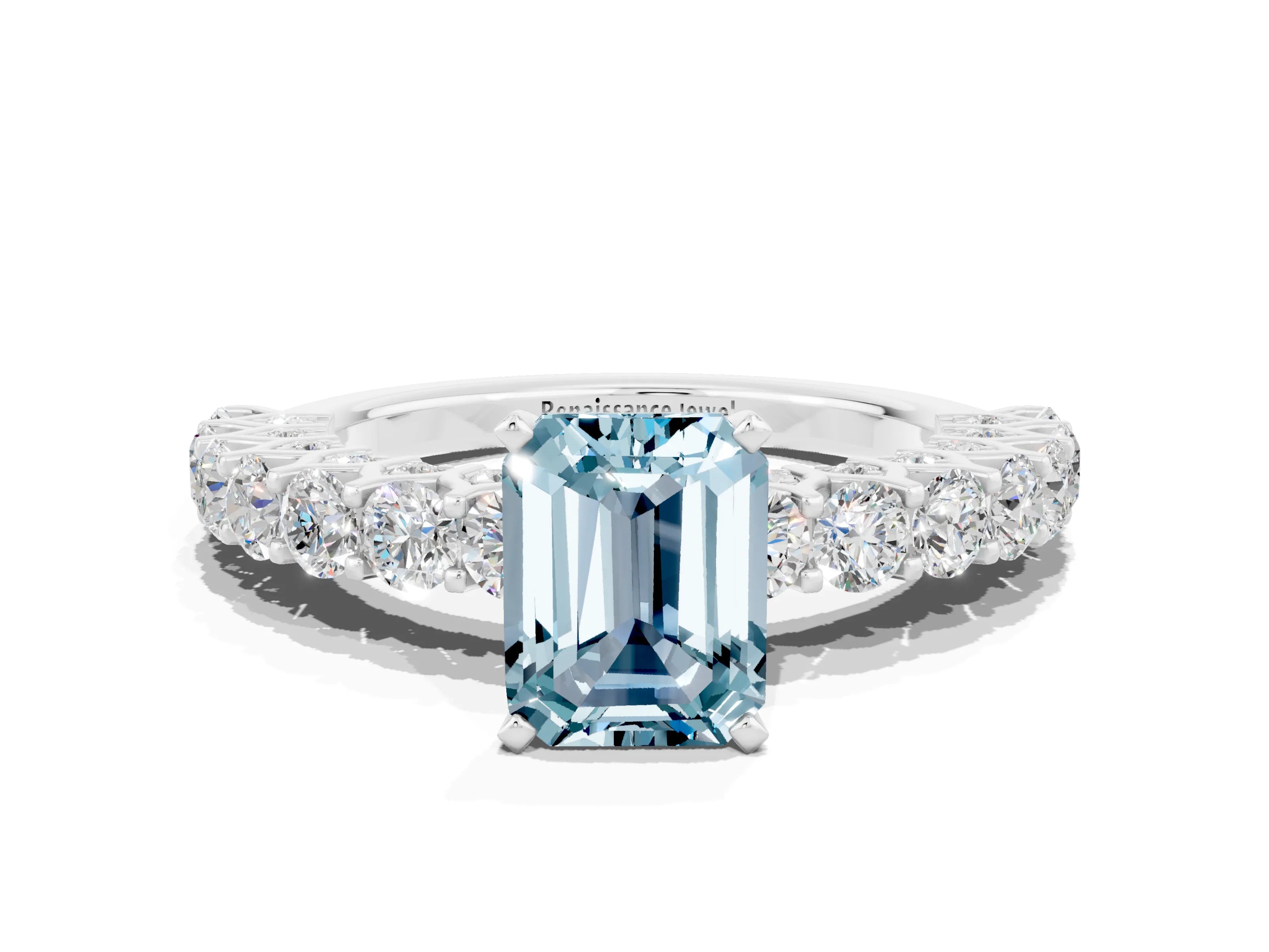 White gold Emerald Cut Aquamarine Solitaire Ring with Shared Prong Pavé Band and Four-Prong Setting